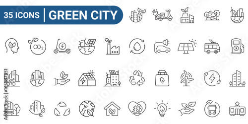 Green city line icon set. Includes renewable energy, autonomous building, air and water quality, zero waste, environmental. Editable stroke. Vector illustration	