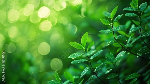 Green leaves with water droplets against a blurred green background.