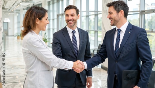 Two businessmen and a businesswoman engage in a professional handshake and smiling conversation in a modern office hallway.