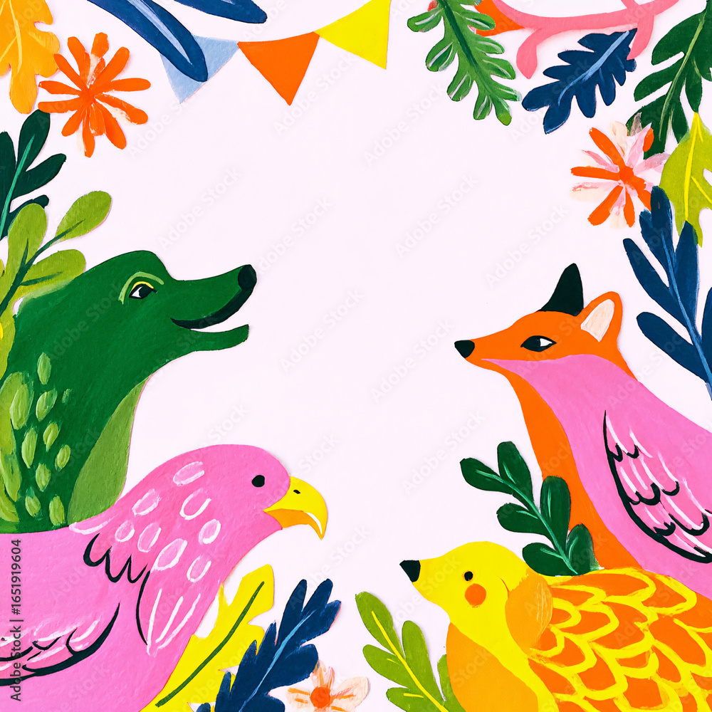 Fototapeta premium Colorful Whimsical Animal Illustration Cartoon Wildlife Exotics Nature Vibrant Background Festive Rainforest Garden Leafy Branches Birds Fox Pets Blooming Banner Art Deco Playful Spring Fun