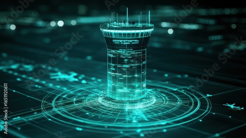 Futuristic Tower with Glowing Lines and Digital Elements in 3D