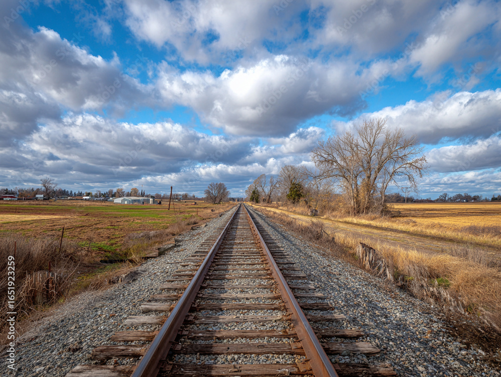 Fototapeta premium Railroad tracks perspective under cloudy sky scenic landscape photography travel destination outdoors