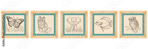 Vintage postage stamp set: Minimalist line art retro designs of animals and creatures.