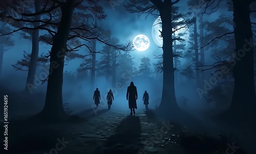 Silhouetted Figures Walking a Foggy Forest Path Under a Bright Full Moon