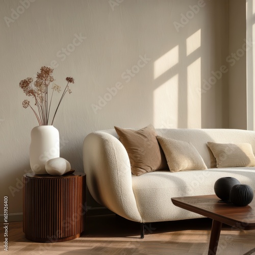 Composición creativa de un elegante y minimalista salón. Sofá beige moderno, mesa auxiliar de madera oscura y elegantes accesorios personales.