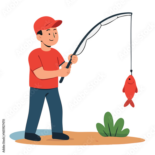 Vector illustration of a happy fisherman catching a fish with his fishing rod. The man wears a red t-shirt, dark pants, and a cap, standing near water with a fish hooked on the line