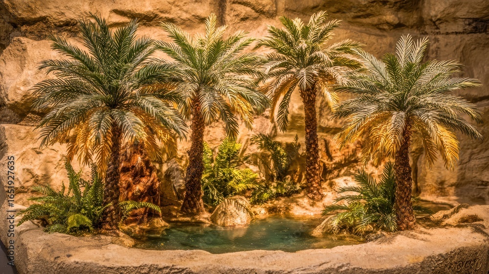 Obraz premium Lush Oasis with Palm Trees and Tranquil Water Feature in Desert Setting