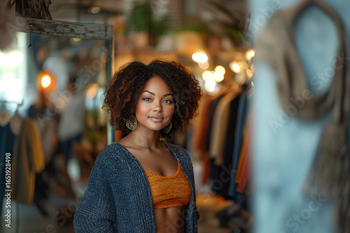 Wallpaper Mural Curly-haired woman stands elegantly in a vintage clothing store, surrounded by racks of colorful apparel and a warm, inviting atmosphere. She embodies a chic retro vibe Torontodigital.ca