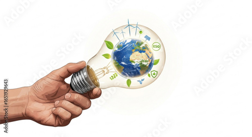 Sustainable energy solutions for a greener planet earth in lightbulb held in hand concept design