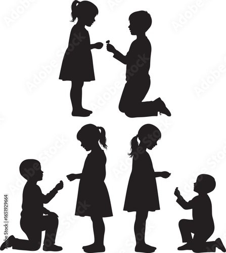 Children interacting in various poses silhouette
