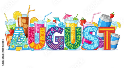 Cheerful August lettering illustration, highlighting colorful summertime drinks