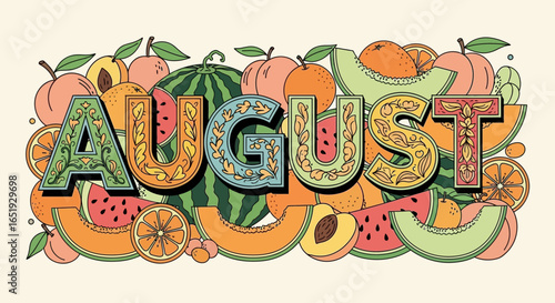 Colorful August Illustration with Decorative Letters and Various Summer Fruits