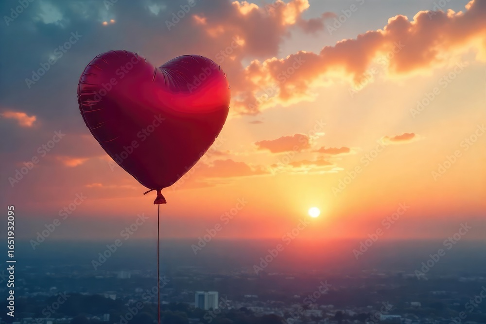 Fototapeta premium A lone heart-shaped balloon floats against a vibrant sunset, symbolizing a longing for connection and the search for love Perfect for themes of romance, solitude, and hope , sentiment, desire