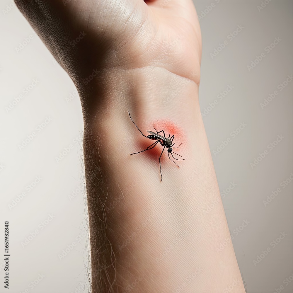 Obraz premium Mosquito biting human skin close-up showing insect bite process and blood sucking for medical and pest control awareness