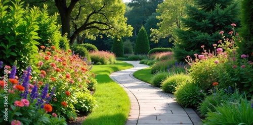 Serpentine pathway meanders through lush, vibrant garden beds bursting with colorful flowers and thriving greenery, creating a tranquil and inviting outdoor space , gardens, landscaping