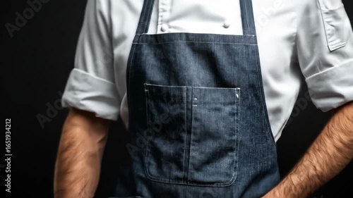 Chef in dark apron and white shirt