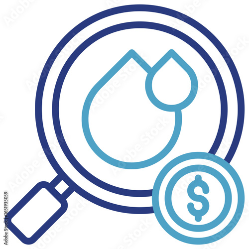 The icon represents the analysis of water usage costs, whether for consumers, the fuel oil industry, or agriculture, including investments in industrial companies.