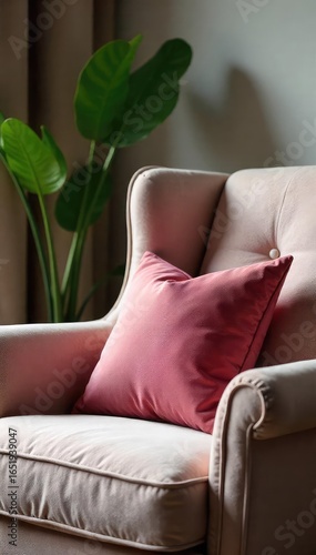 Cozy living room features a plush, velvet cushion resting on a comfy armchair, adding a touch of elegance and comfort to the home interior , furniture, turquoise