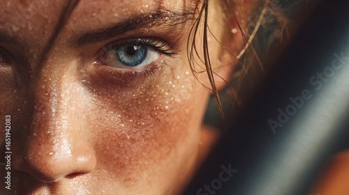 Focused gym scene showing closeup of sweaty female face with intense gaze on elliptical workout