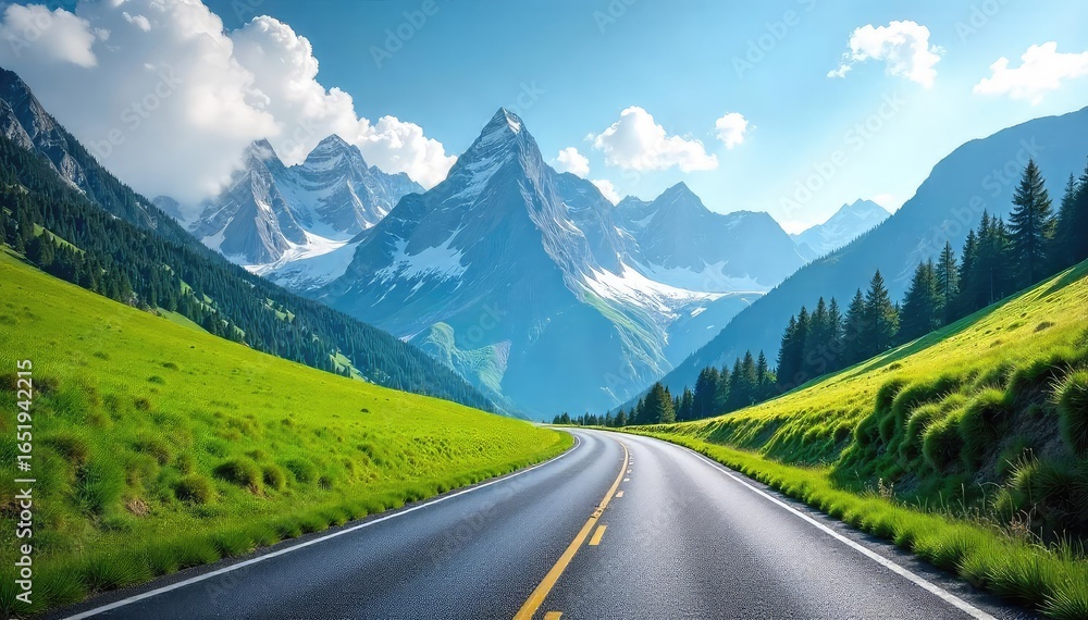 Naklejka premium A scenic mountain pass with winding road, lush green meadows, and towering peaks under a vibrant blue sky Perfect for travel, adventure, and nature themes , scenic, winding, winding road