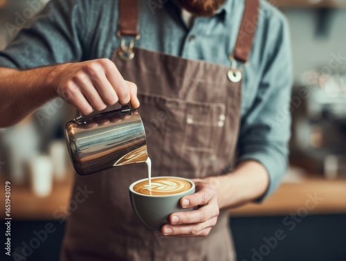 Barista Pouring Milk Into A Cup Of Freshly Brewed Coffee At Coffee Shop