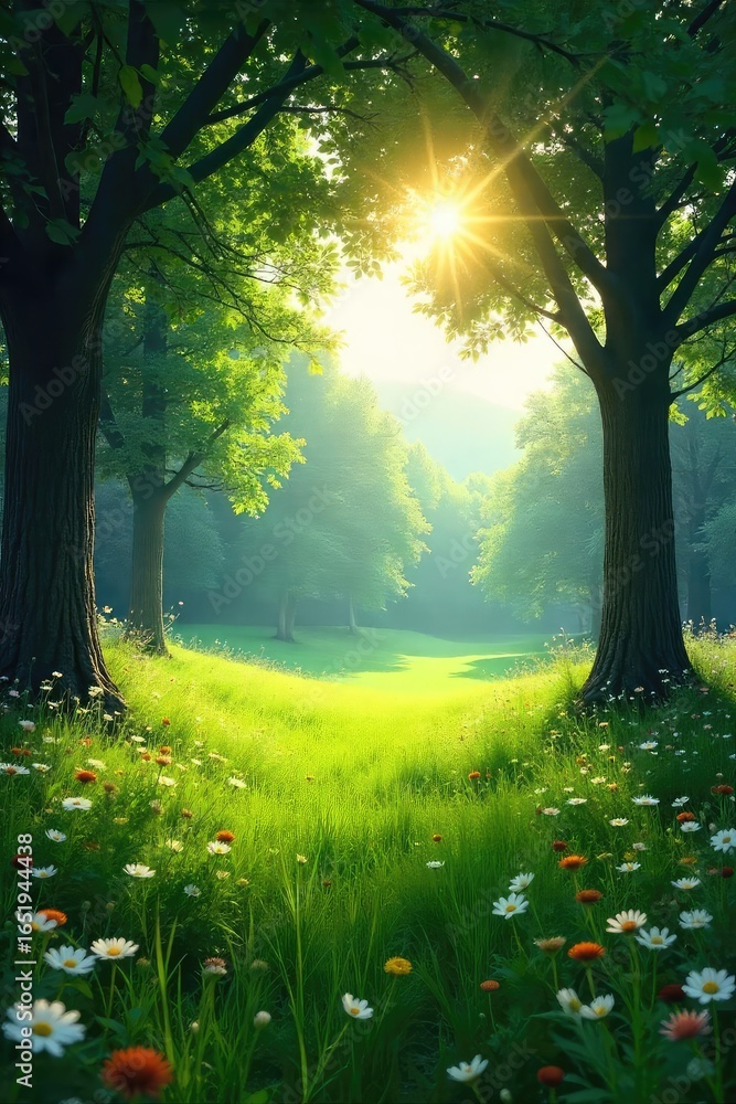 Obraz premium Serene sunlight streams through the branches of trees onto a lush, green meadow, wildflowers dotting the landscape Peaceful, idyllic scene perfect for nature-themed projects , spring, pastoral
