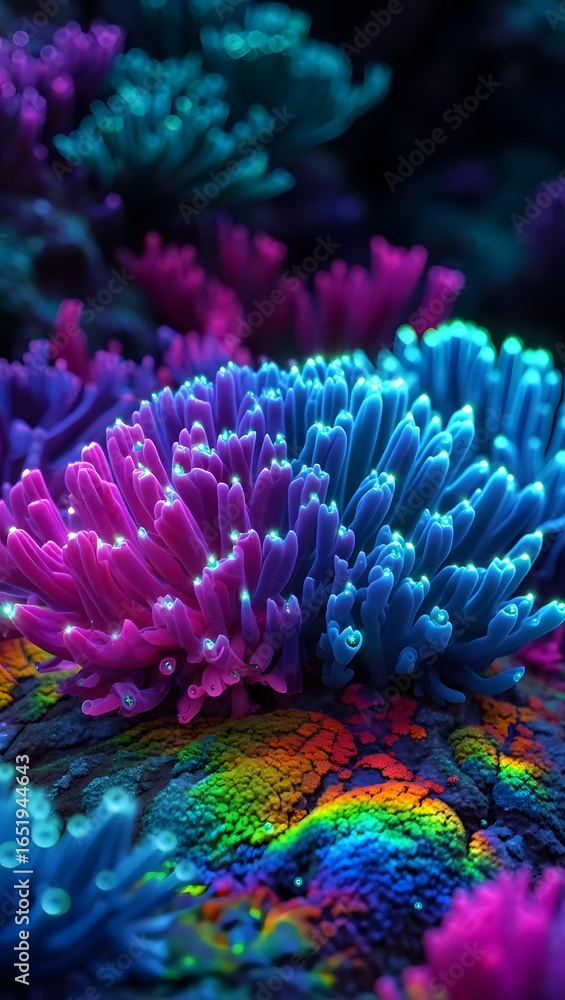 Obraz premium A vibrant tropical reef in the blue ocean is home to a colorful anemone and various marine fish swimming among the coral plants