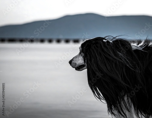 Dog gazing at distant mountains