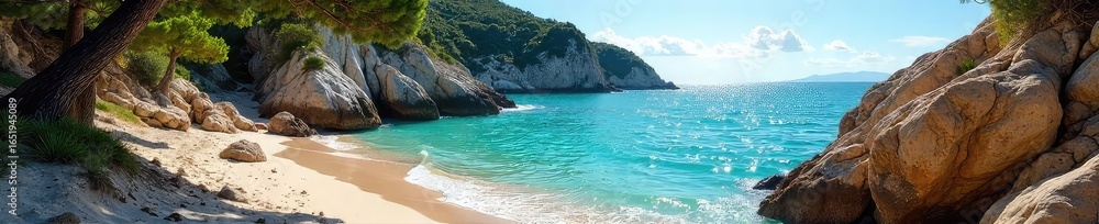 Fototapeta premium Sun-drenched rocks embrace a tranquil, secluded cove Azure water laps gently against the shore, creating a serene summer scene Perfect for relaxation and escape , sunshine, coast, relaxation