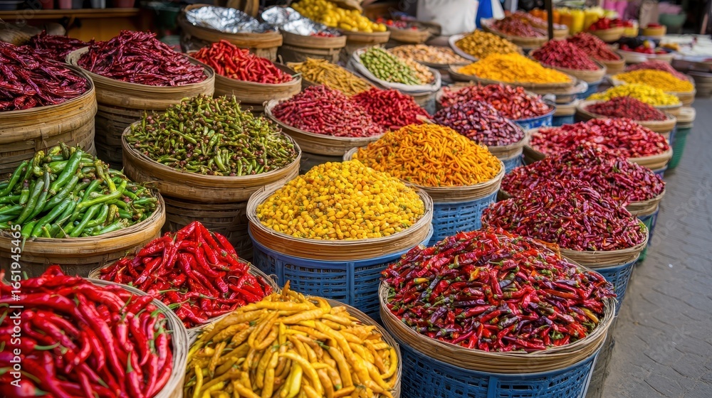 Fototapeta premium Vibrant Display of Fresh Spices in Traditional Market Baskets