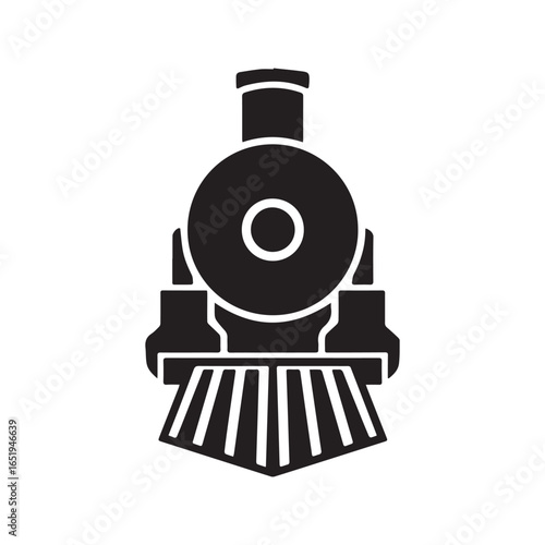 Vintage Steam Locomotive Train Icon, Front View Silhouette Vector Illustration
