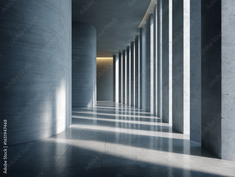 Obraz premium Sleek Minimalist Hall: Cement Pillars and Soft Natural Light Shadows