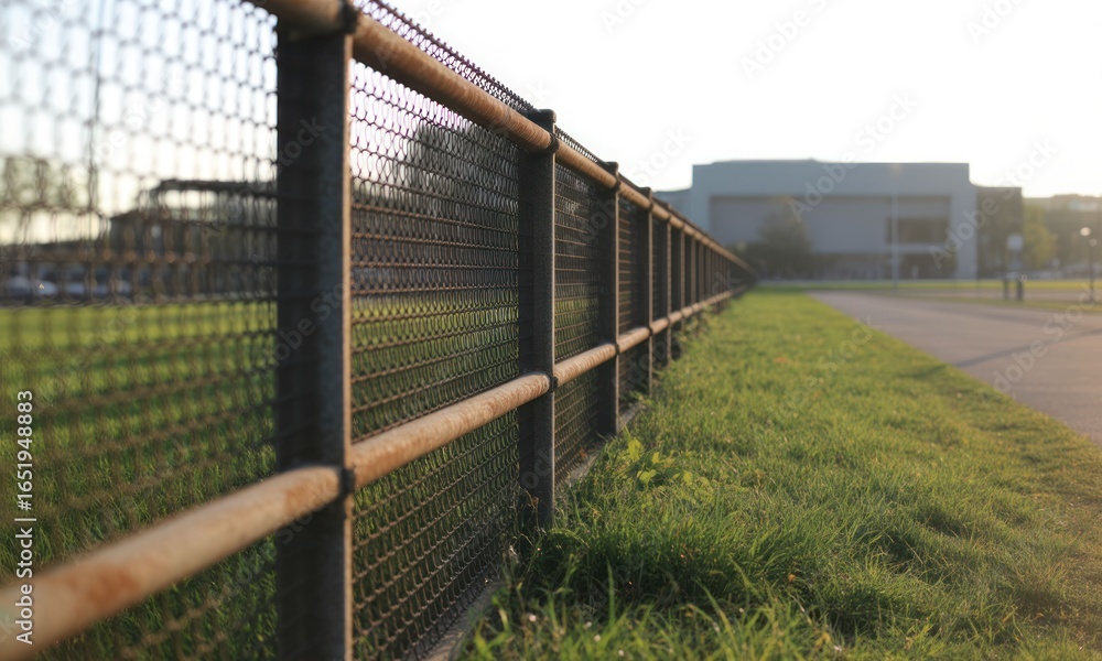 Obraz premium Metal fence along grassy field, building beyond