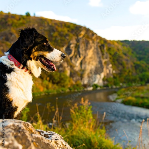 Dog gazing at scenic landscape