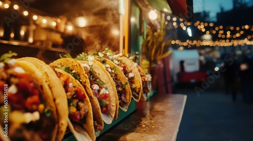 Vibrant Tacos Display at Food Truck Under Twinkling Lights at Night