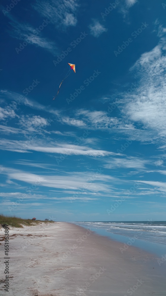 Summer travel planning concept shows A vibrant sky with a kite soaring above a serene beach landscape. Summer travel planning concept shows A vibrant sky with a kite soaring above a serene beach landscape.