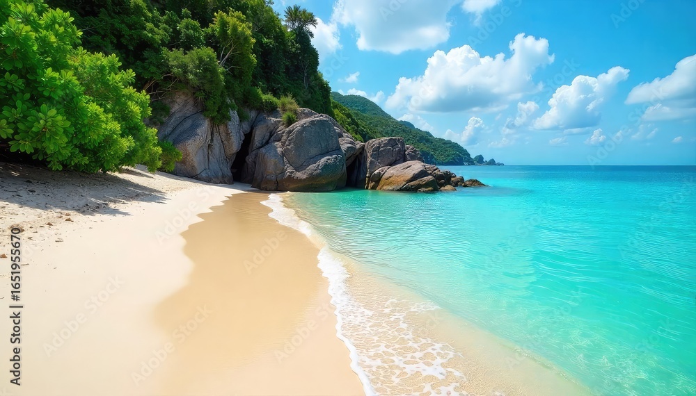 Obraz premium Untouched Paradise Serene Coastal Scene of Turquoise Waters Gently Lapping Lush Greenery-Bordered Sands - Perfect for Relaxation and Travel