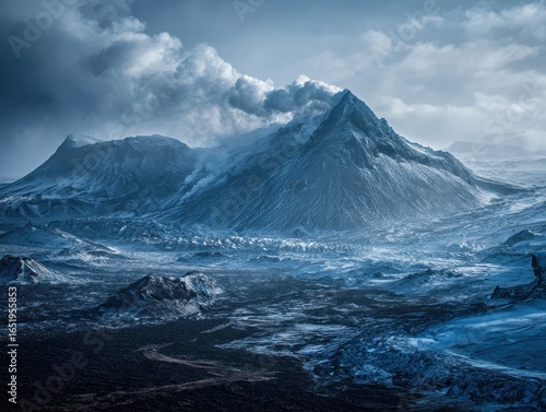 Wallpaper Mural Stark Icelandic Volcano with Swirling Smoke Against Pristine Glacial Ice and Rugged Lava Fields Torontodigital.ca