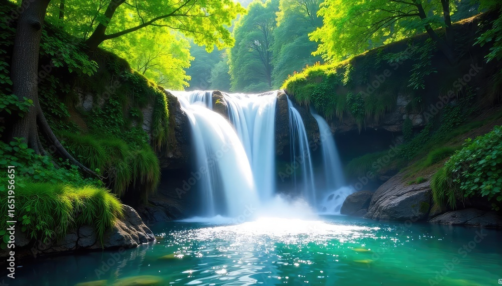 Fototapeta premium Sunlit Waterfall Cascading Down Lush Green Hillside, Tranquil Landscape Photography