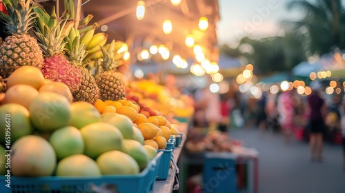 Vibrant Fruit Stall at Outdoor Market with Warm Lighting Atmosphere