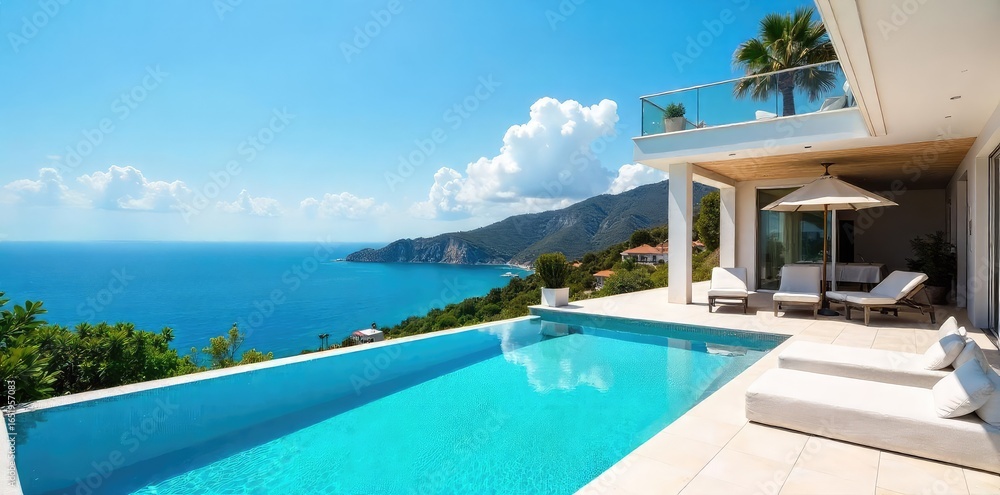 Fototapeta premium Luxurious Ocean View Villa Rental with Private Pool Perfect Family Getaway or Relaxing Escape
