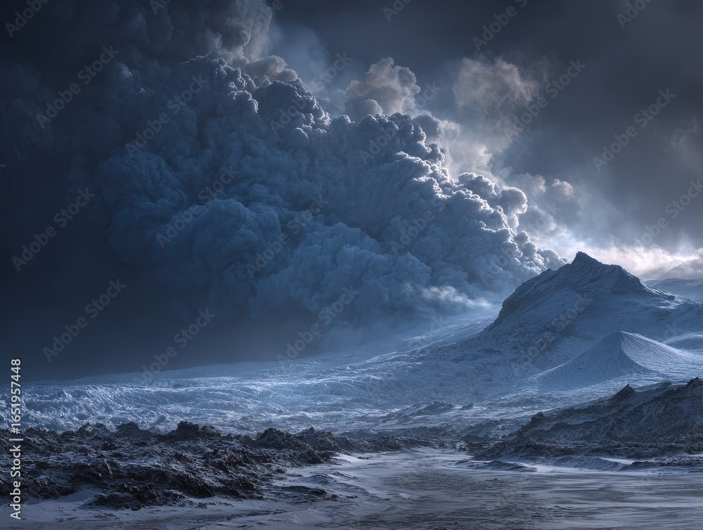 Fototapeta premium Stark Icelandic Volcano with Swirling Smoke Against Pristine Glacial Ice and Rugged Lava Fields