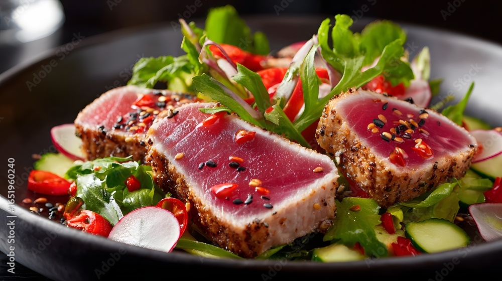 Slices of Seared Tuna on a Bed of Fresh Greens and Colorful Vegetables with Garnishes Slices of Seared Tuna on a Bed of Fresh Greens and Colorful Vegetables with Garnishes