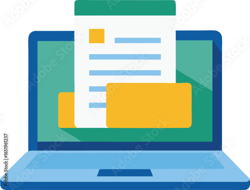 Laptop with online document and blocks, content management, digital file organization, and publishing interface in vector