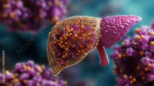 Illustration of liver inflammation caused by fat deposits leading to liver damage in progressive fatty liver disease