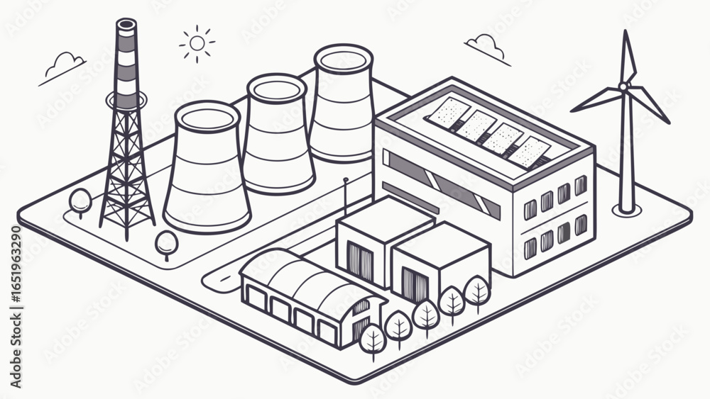 Fototapeta premium A futuristic eco-plant designed like a growing organism, where industry meets nature. Solar leaves, oxygen-releasing mist, and root-like energy systems symbolize clean, regenerative production