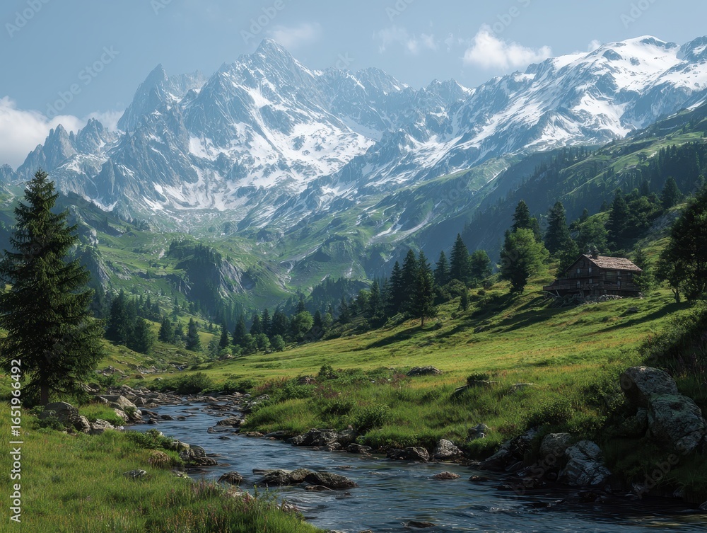 Obraz premium Tranquil Alpine Valley: Snow-Capped Peaks Surrounding a Pristine River Through Green Meadows and a Quaint Chalet