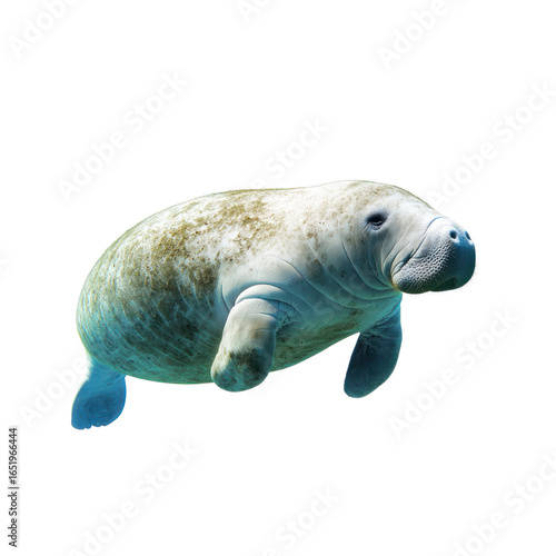 Manatee resting Floats calmly on the water surface or on the ocean floor. full length isolate on transparent background