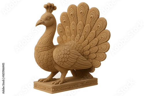 Decorative peacock sculpture with intricate carvings isolated on transparent background