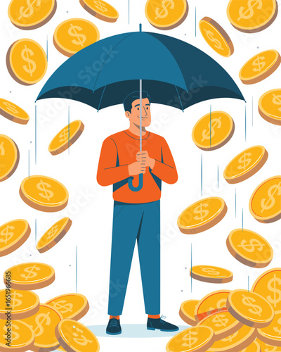 Financial security concept of a man holding an umbrella under a rain of golden money coins